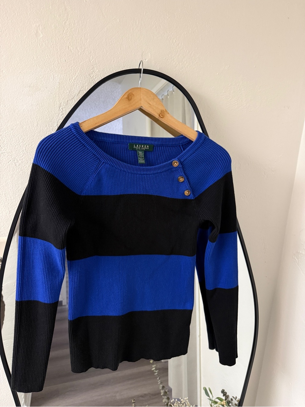Ralph Lauren Black & Blue Striped Crewneck Sweater with Button Detail